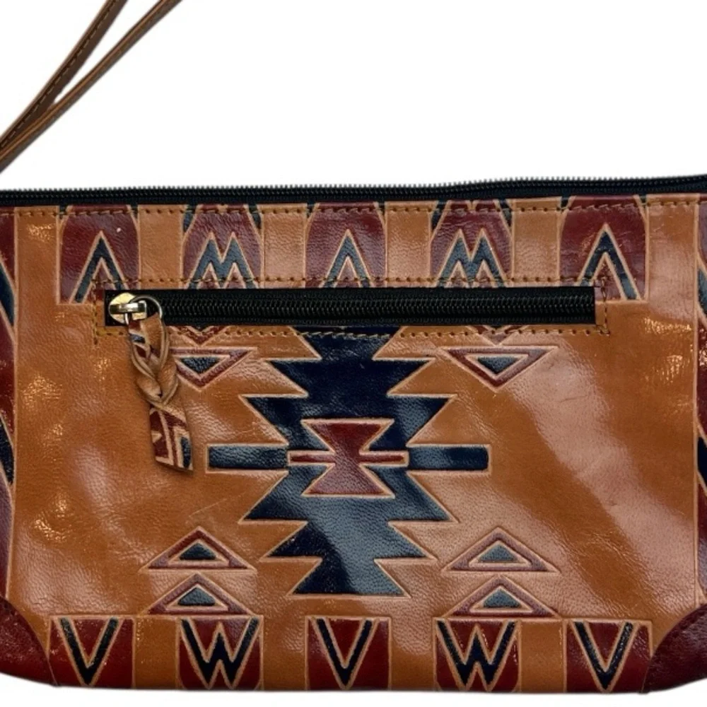 NWT’S World Market Genuine Leather Aztec Wrist Bag cognac, and red